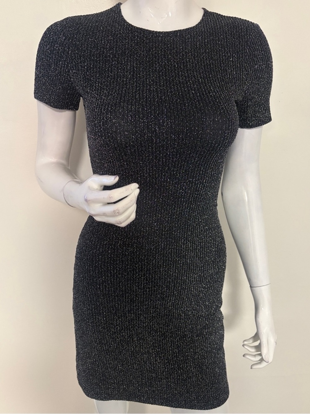 Reformation Black Sparkle Glitter Knit Metallic Thread Short Sleeve Mini Dress